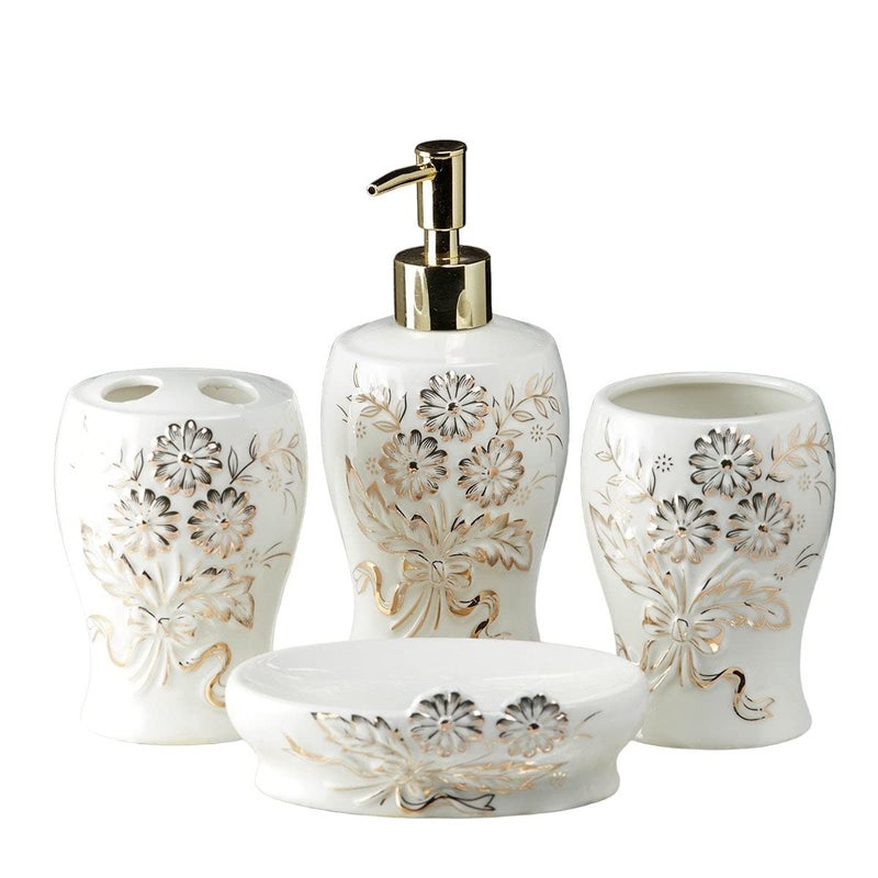 SASASA SaSaSa Ceramic Bathroom Accessories Set of 4 Modern Bath Set with Soap Dispenser & Toothbrush Holder, Luxury Home & Gift Idea, White/Gold (10103)  - Image 5