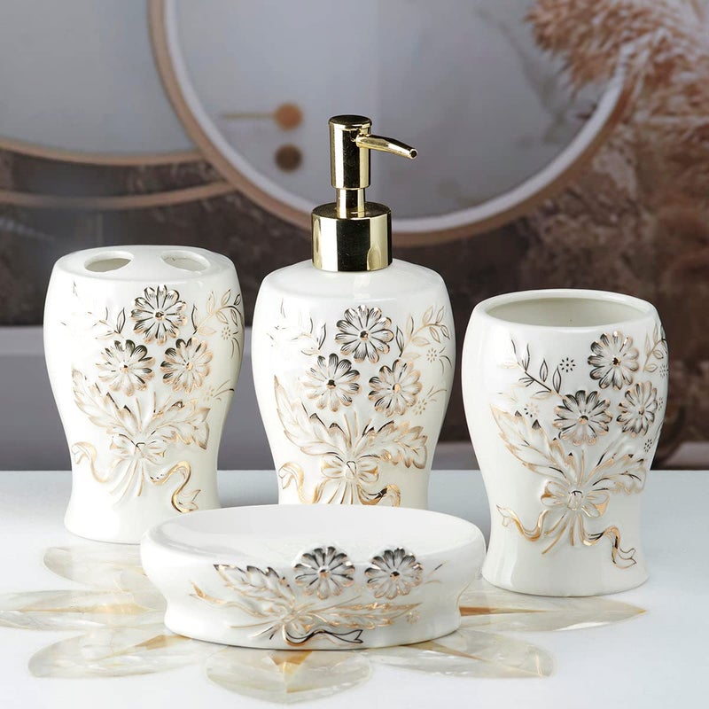 SASASA SaSaSa Ceramic Bathroom Accessories Set of 4 Modern Bath Set with Soap Dispenser & Toothbrush Holder, Luxury Home & Gift Idea, White/Gold (10103)  - Image 3