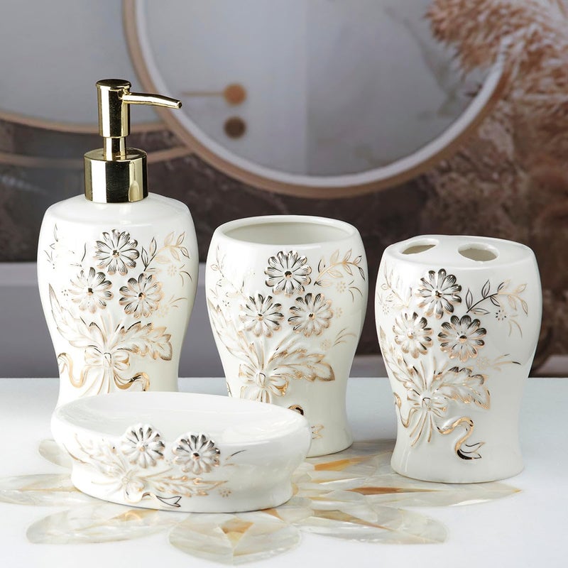 SASASA SaSaSa Ceramic Bathroom Accessories Set of 4 Modern Bath Set with Soap Dispenser & Toothbrush Holder, Luxury Home & Gift Idea, White/Gold (10103)  - Image 2