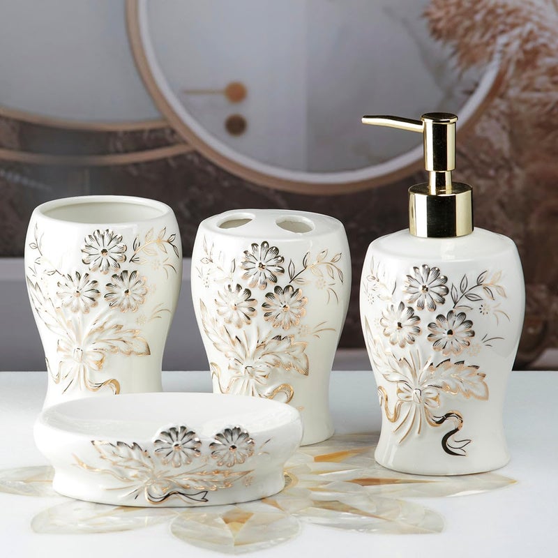 SASASA SaSaSa Ceramic Bathroom Accessories Set of 4 Modern Bath Set with Soap Dispenser & Toothbrush Holder, Luxury Home & Gift Idea, White/Gold (10103)  - Image 4