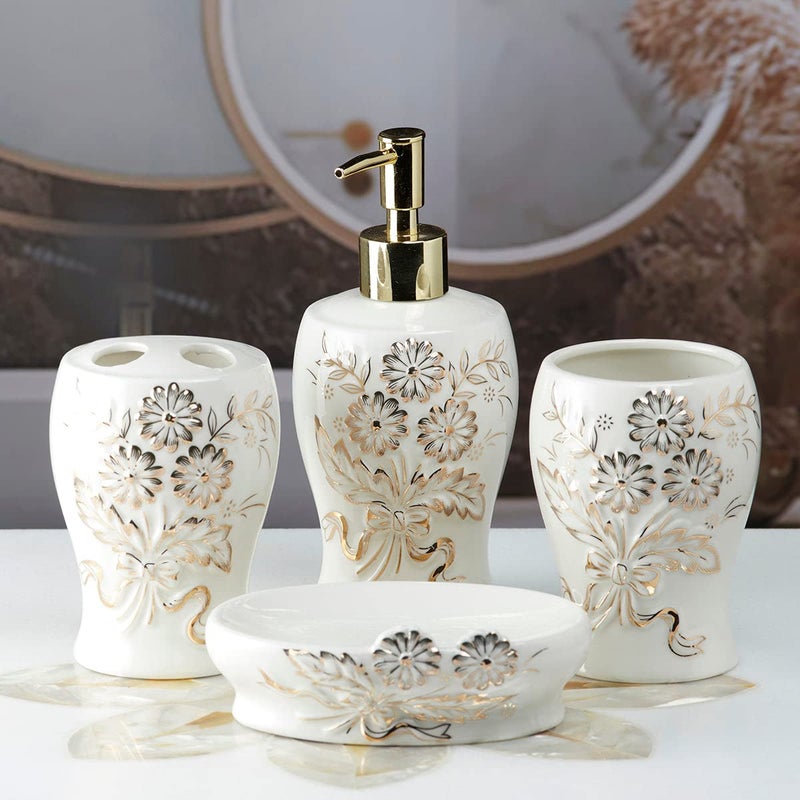 SASASA SaSaSa Ceramic Bathroom Accessories Set of 4 Modern Bath Set with Soap Dispenser & Toothbrush Holder, Luxury Home & Gift Idea, White/Gold (10103)  - Image 1
