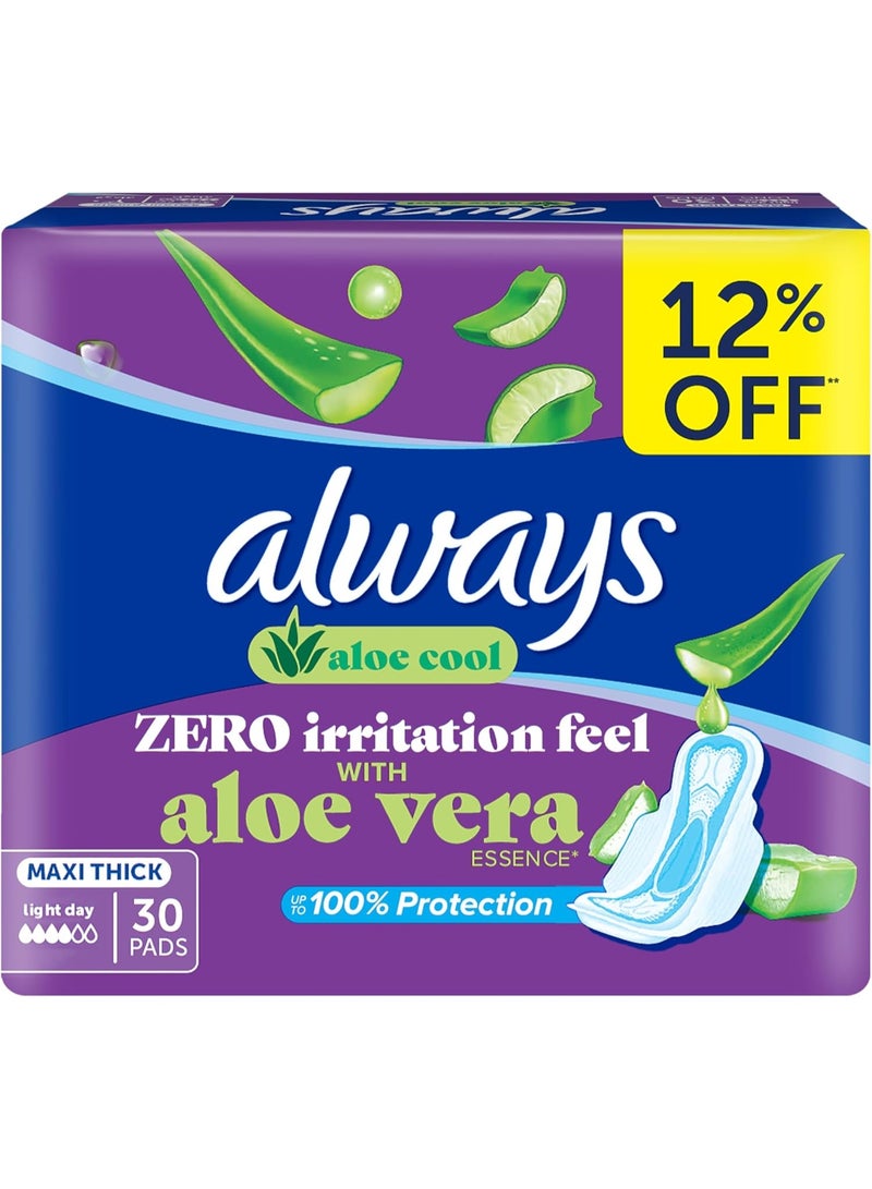 Always Aloe Cool Disposable Pads With Aloe Vera Essence For Light Days, For Zero Irritation Feel, Long Maxi Thick Pads With Wings, 30 Count - Image 1