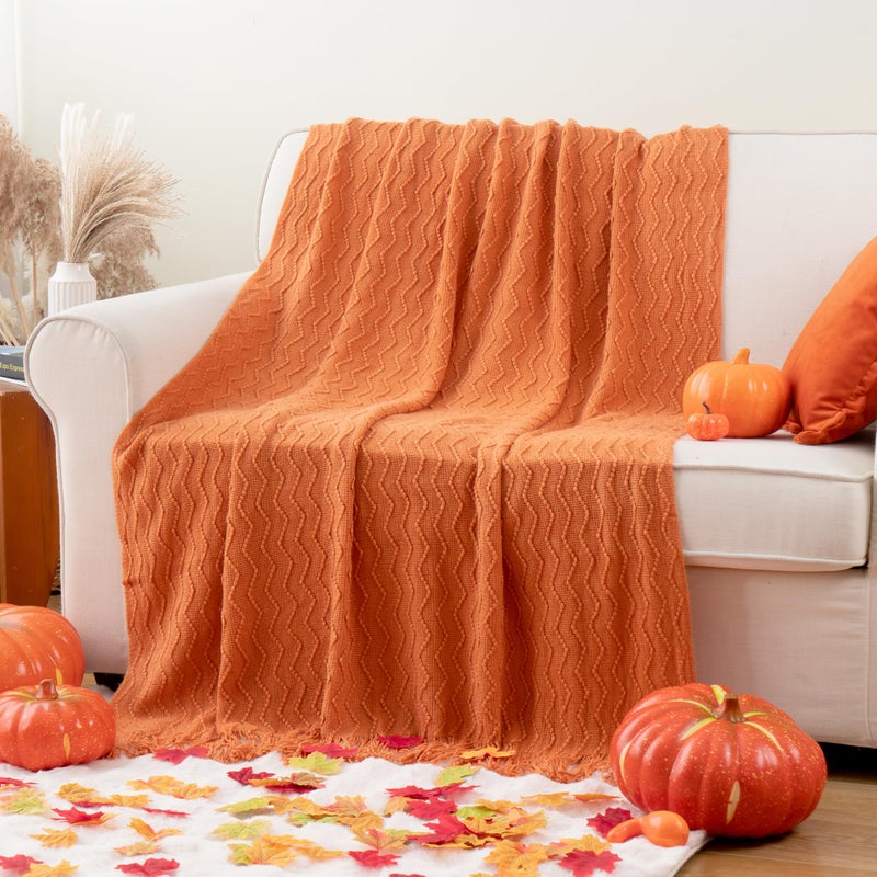 BATTILO HOME Burnt Orange Throw Blanket for Couch, Decorative Fall Throw Blanket with Tassels Halloween Throw Fall Decor, 50"x60" - Image 2