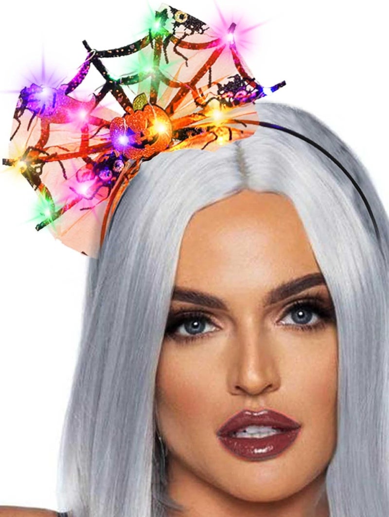 Uranian Light Up Halloween Headbands Cobweb Hairbands Led Bow Hair Hoop Flashing Pumpkin Ghost Headband Glowing Festival Party Headwear for Women