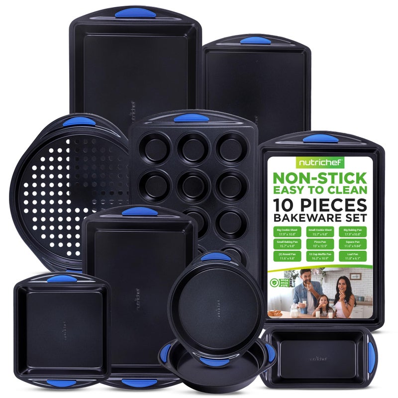 NutriChef 10-Piece Nonstick Bakeware Set - Heavy Duty Carbon Steel Baking Trays w/Silicone Handles - Includes Cookie Sheets, 12-Cup Muffin Pan, Pizza & Loaf Pan, Round & Square Pans - Easy to Clean - Image 1