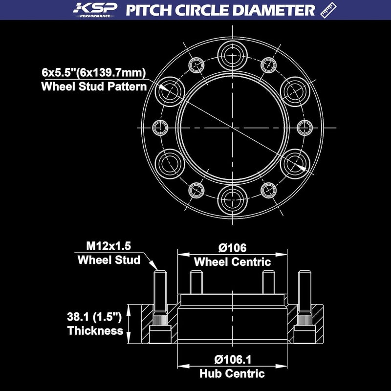KSP PERFORMANCE KSP 6X5.5 Wheel Spacers Fit for Tacoma 4runner, 1.5 inches Forged Hub Centric Adapters Kits with Extended Open Lug Nuts fit 6 Lug Wheels Without Locking hub, Package of 4 (Black 6061 T6 Aluminum) - Image 2