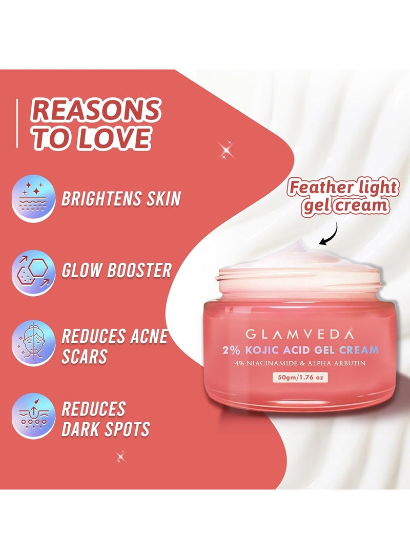 Glamveda 2% Kojic Acid Gel Cream with Niacinamide & Alpha Arbutin | Brightens Skin & Reduces Pigmentation | Fades Dark Spots & Acne Scars  - Image 2