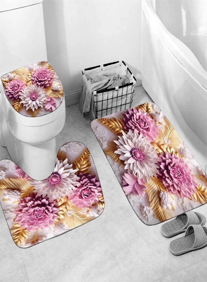 Chrainy 4Pcs 3D Floral Shower Curtain Sets Elegant Pink and White Blossom Flowers Bathroom Accessories Set Modern Minimalism Waterproof Spring Bathroom Decor with Rugs and 12 Hooks - Image 4