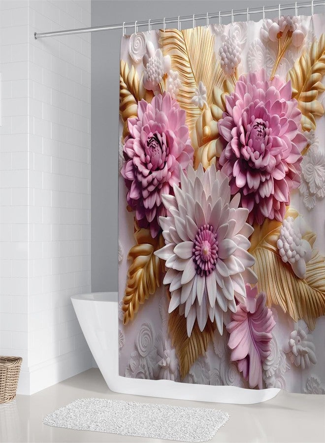 Chrainy 4Pcs 3D Floral Shower Curtain Sets Elegant Pink and White Blossom Flowers Bathroom Accessories Set Modern Minimalism Waterproof Spring Bathroom Decor with Rugs and 12 Hooks - Image 2