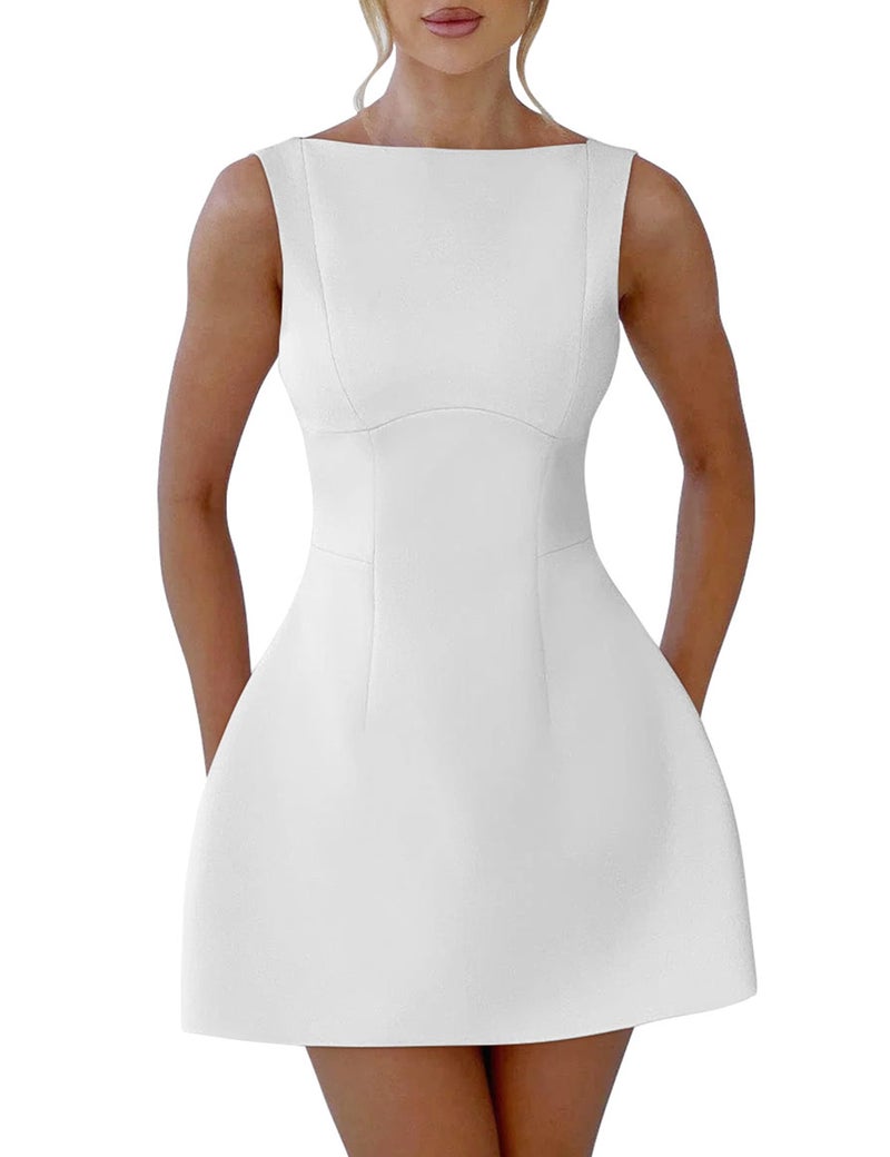 YMDUCH Women's Sexy Sleeveless Crew Neck Backless A-line Party Short Mini Dress White - Image 1