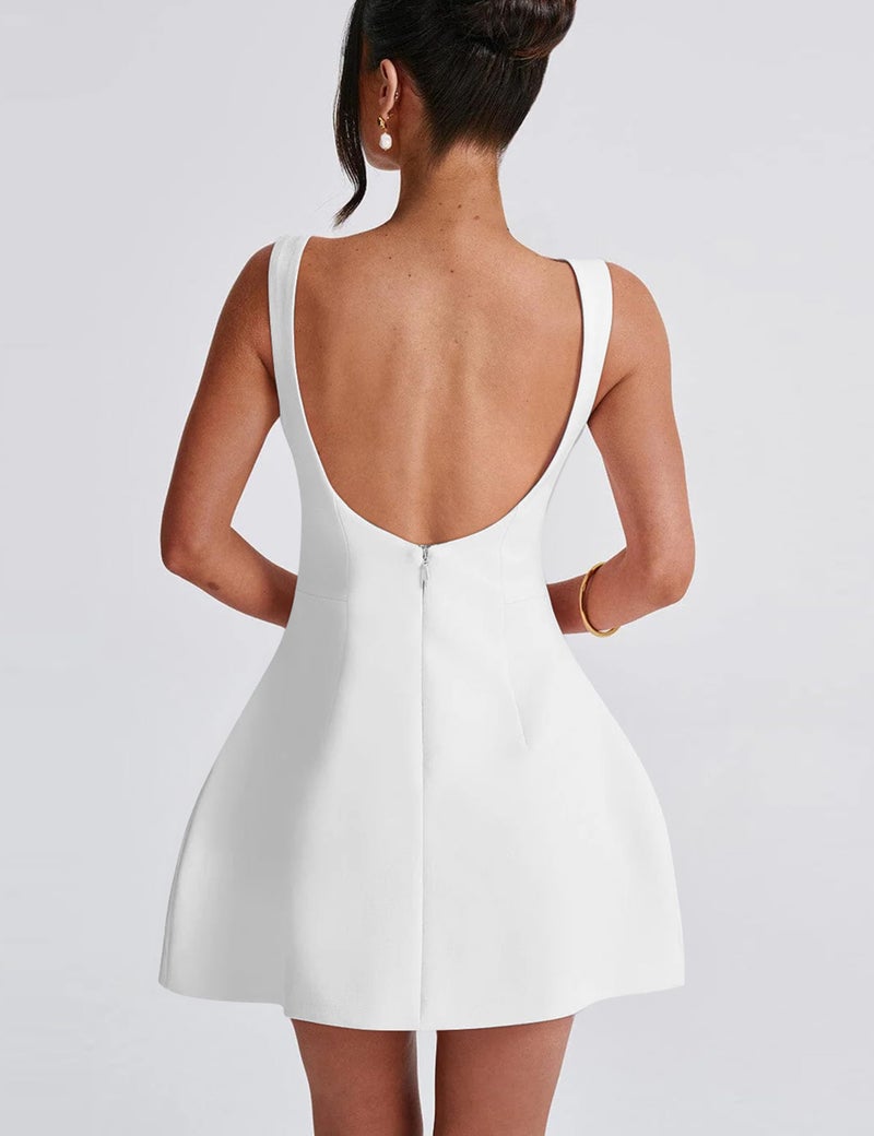 YMDUCH Women's Sexy Sleeveless Crew Neck Backless A-line Party Short Mini Dress White - Image 2