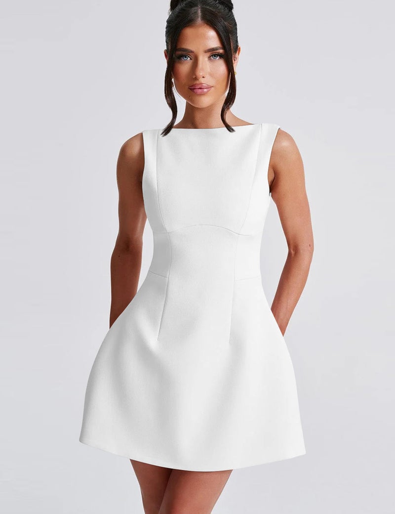YMDUCH Women's Sexy Sleeveless Crew Neck Backless A-line Party Short Mini Dress White - Image 4