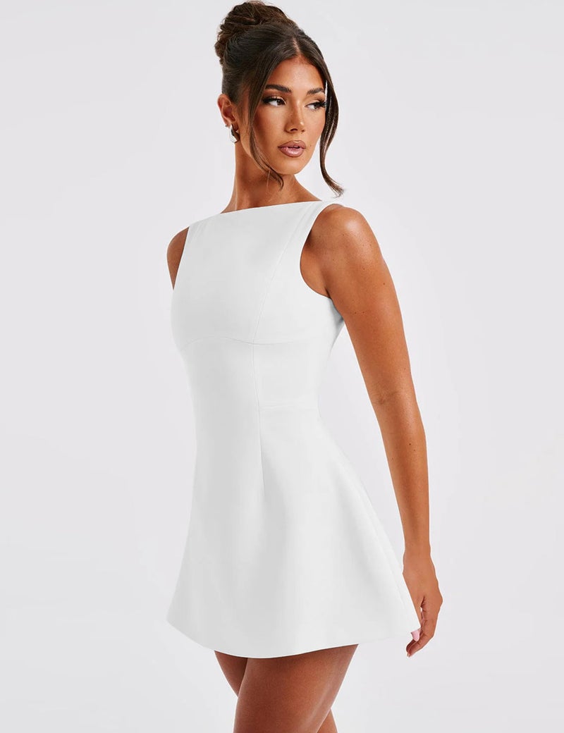 YMDUCH Women's Sexy Sleeveless Crew Neck Backless A-line Party Short Mini Dress White - Image 5