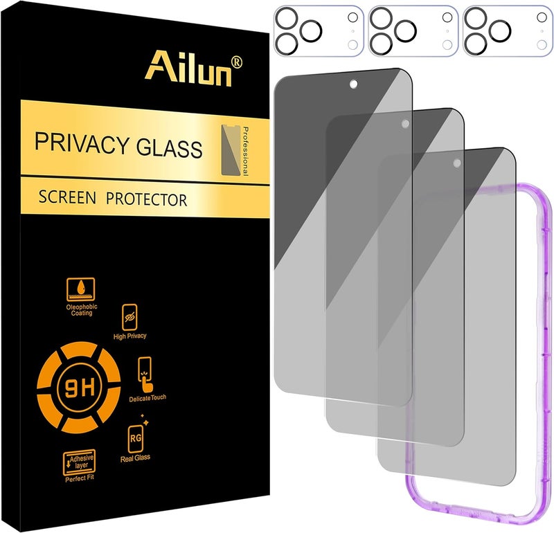 Ailun 3 Pack for iPhone 17 Pro Max Privacy Screen Protector [6.9 inch]+ 3 Pack Camera Lens Protector with Installation Frame,Dynamic Island Compatible,Anti Spy Tempered Glass[9H Hardness]-HD - Image 1
