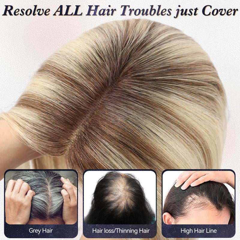 starluck Lage Swiss Base SilkHug 14 Inch Real Human Hair Toppers,60 Gram,100% Real Human Hair Toppers for Women with thinning (Blonde Mixed Brown with Dark Brown Roots,no Bangs) - Image 3