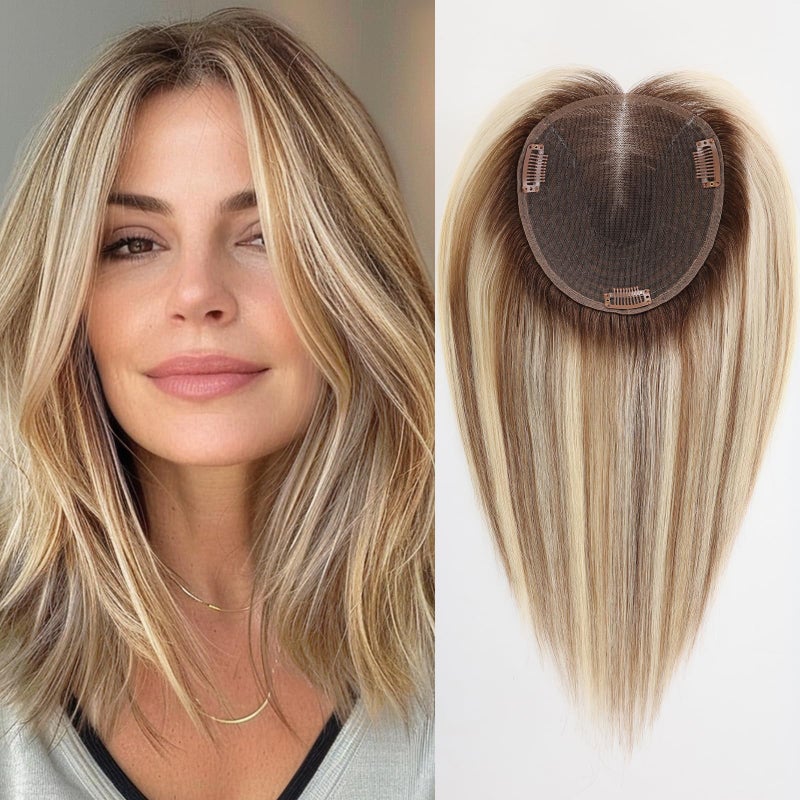 starluck Lage Swiss Base SilkHug 14 Inch Real Human Hair Toppers,60 Gram,100% Real Human Hair Toppers for Women with thinning (Blonde Mixed Brown with Dark Brown Roots,no Bangs) - Image 1