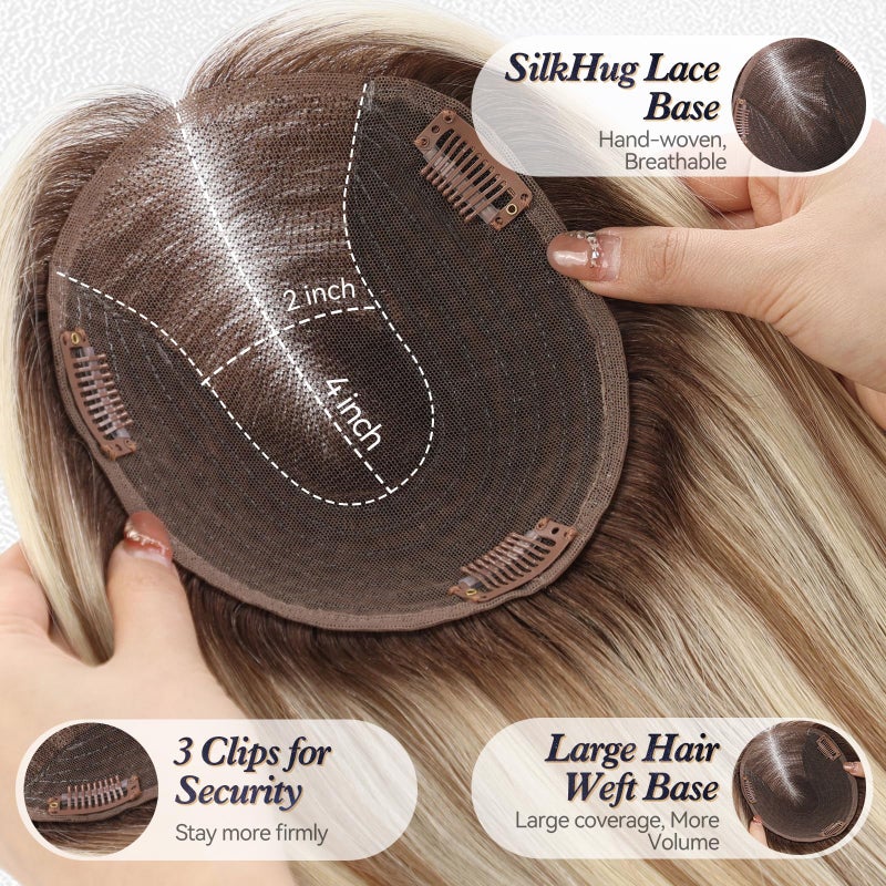 starluck Lage Swiss Base SilkHug 14 Inch Real Human Hair Toppers,60 Gram,100% Real Human Hair Toppers for Women with thinning (Blonde Mixed Brown with Dark Brown Roots,no Bangs) - Image 2
