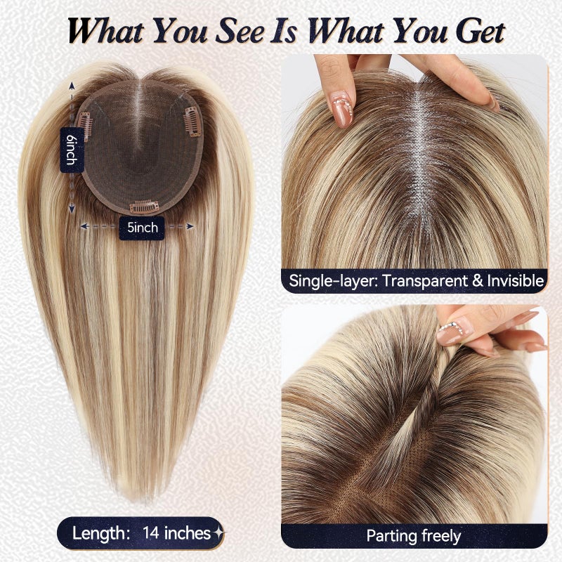 starluck Lage Swiss Base SilkHug 14 Inch Real Human Hair Toppers,60 Gram,100% Real Human Hair Toppers for Women with thinning (Blonde Mixed Brown with Dark Brown Roots,no Bangs) - Image 4