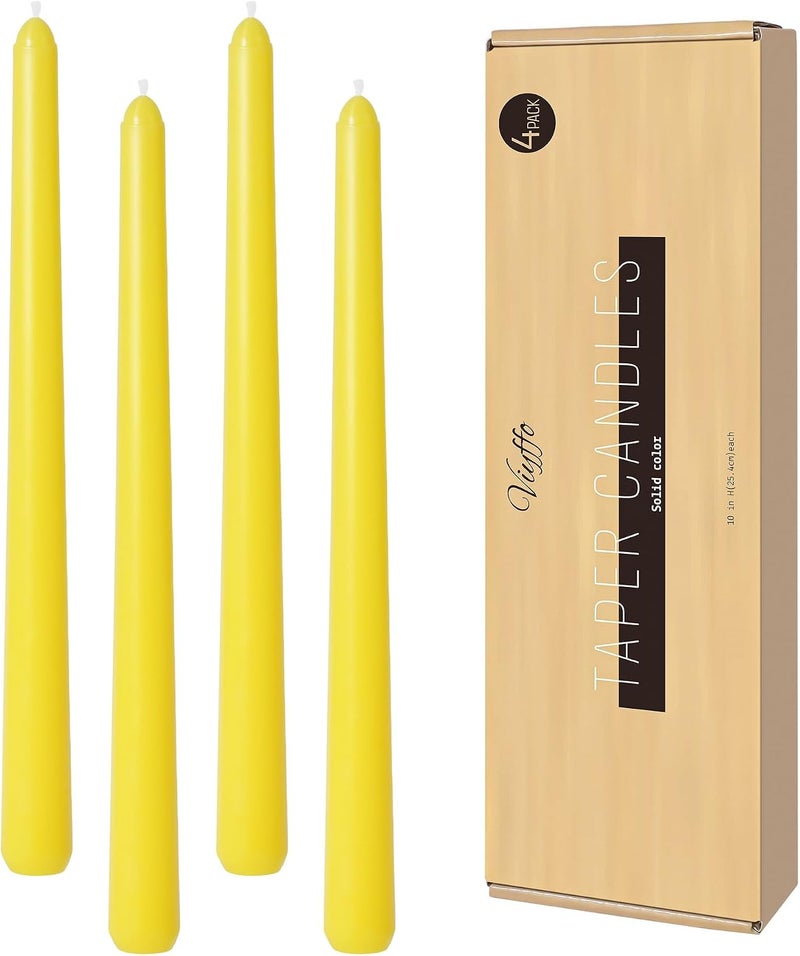 Viyffo Taper Candles, 10 Inch, 4 Pack, Lemon Yellow – Unscented, Dripless & Smokeless Design, Up to 8 Hour Burn – Long Tall Taper Candlesticks for Wedding, Dinner & Home Decor - Image 1