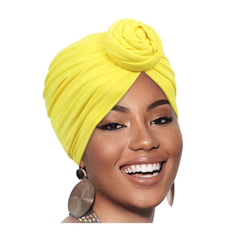Ladies Twisted Knotted Ethnic Turban Cap Twist-Yellow 