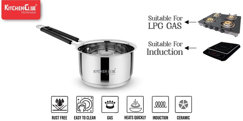 Kitchen Clue Stainless Steel Saucepan/Tea Pan Induction & Gastove Base Cooking I 2 Liter I TRIPLY Base with Silicon Grip Handle I Heavy Guage Bottom Milk/Tea pan I Induction Saucepan for Kitchen - Image 3