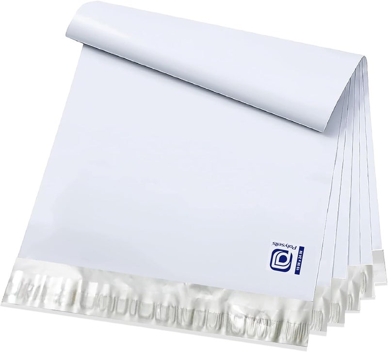 POLYSELLS 50 قطعة 19 × 24 بوصة أبيض × فضي أكياس بولي مغلفات شحن، إغلاق لاصق قوي، مقاوم للماء، ومقاوم للتمزق، حقائب بريدية للملابس والكتب والإكسسوارات - Image 1