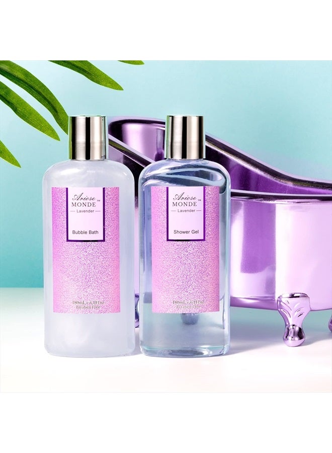 ArioseMonde طقم هدايا سلة سبا الحمام، طقم هدايا الحمام والجسم للنساء، برائحة اللافندر، يتضمن لوشن الجسم، جل الاستحمام، أملاح الاستحمام، حمام فقاعات، فوار الحمام، زيت الحمام، فكرة هدية طقم الحمام لعيد الميلاد - Image 4