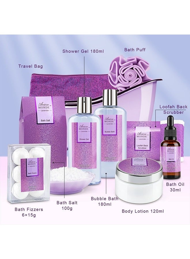 ArioseMonde طقم هدايا سلة سبا الحمام، طقم هدايا الحمام والجسم للنساء، برائحة اللافندر، يتضمن لوشن الجسم، جل الاستحمام، أملاح الاستحمام، حمام فقاعات، فوار الحمام، زيت الحمام، فكرة هدية طقم الحمام لعيد الميلاد - Image 3