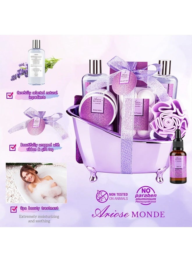ArioseMonde طقم هدايا سلة سبا الحمام، طقم هدايا الحمام والجسم للنساء، برائحة اللافندر، يتضمن لوشن الجسم، جل الاستحمام، أملاح الاستحمام، حمام فقاعات، فوار الحمام، زيت الحمام، فكرة هدية طقم الحمام لعيد الميلاد - Image 2