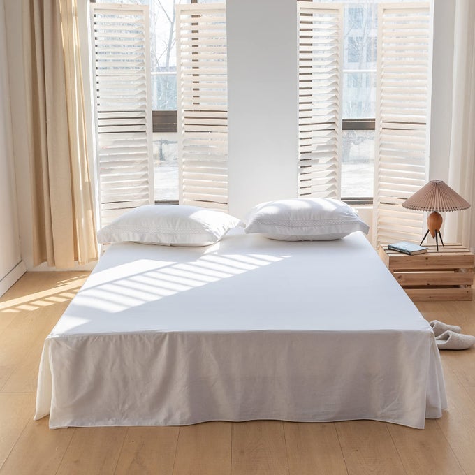FRENCH LINEN BED SKIRT WITH PLEATED CORNER 14INCH TAILORED DROP NATURAL FLAX COTTON BLEND BASIC DUST RUFFLE SOFT COZY FARMHOUSE BEDDING 14 KING BASIC WHITE