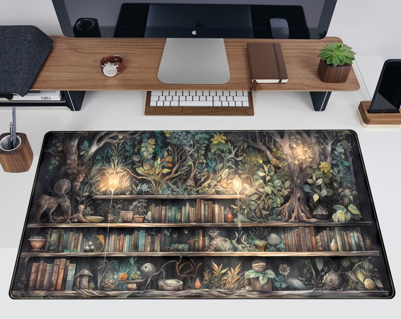 TENG DA QING Forest Library Book Mouse Pad Desk Mat, Mystical Green Tree House XXL Extended Large Gaming Desk Pad Mousepad Computer Laptop Keyboard and Mouse Mat, Office Desk Decor Pad for Women 31.5x15.7 in - Image 5