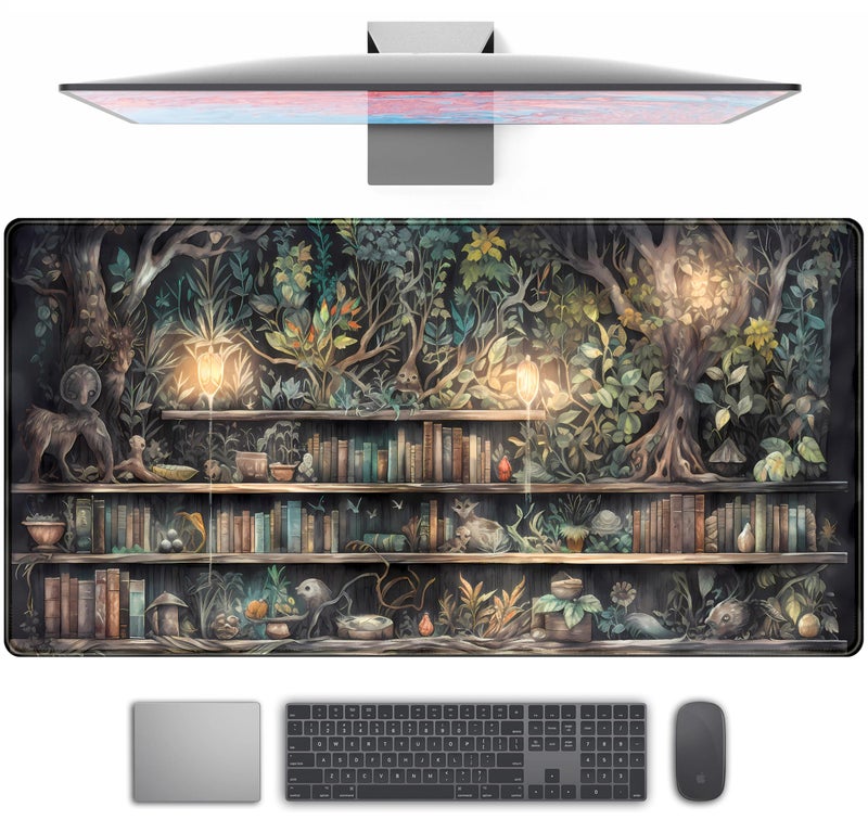 TENG DA QING Forest Library Book Mouse Pad Desk Mat, Mystical Green Tree House XXL Extended Large Gaming Desk Pad Mousepad Computer Laptop Keyboard and Mouse Mat, Office Desk Decor Pad for Women 31.5x15.7 in - Image 1