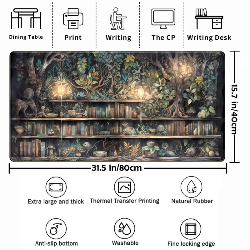 TENG DA QING Forest Library Book Mouse Pad Desk Mat, Mystical Green Tree House XXL Extended Large Gaming Desk Pad Mousepad Computer Laptop Keyboard and Mouse Mat, Office Desk Decor Pad for Women 31.5x15.7 in - Image 2