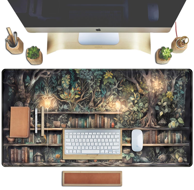 TENG DA QING Forest Library Book Mouse Pad Desk Mat, Mystical Green Tree House XXL Extended Large Gaming Desk Pad Mousepad Computer Laptop Keyboard and Mouse Mat, Office Desk Decor Pad for Women 31.5x15.7 in - Image 4