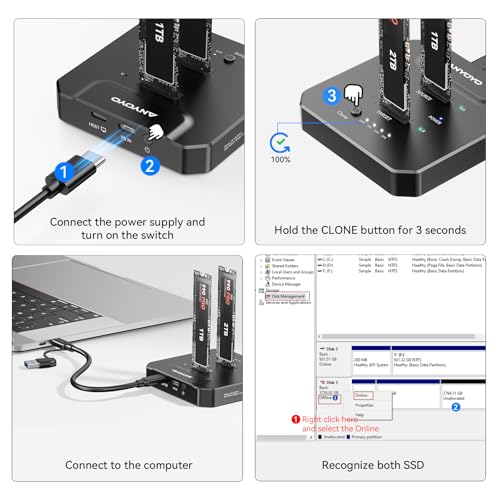 ANYOYO M.2 NVMe SSD Cloner, 20Gbps Dual Bay Offline Duplicator, USB-C 3.2 SSD Reader, Tool-Free SSD Enclosure to USB Adapter Dock for PCIE NVMe SSD Supports M/B&M Key, Aluminum Case with LED Indicator - Image 5