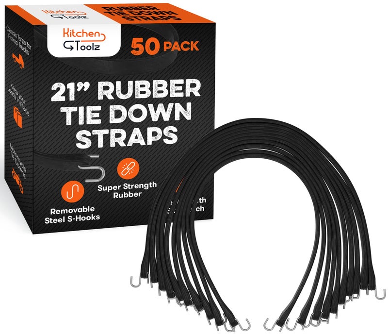 kitchentoolz 21 Inch 50 Pack Rubber Bungee Cords with Metal Hooks for Flatbed Trucks Heavy Duty Tarp Tie Down Straps
