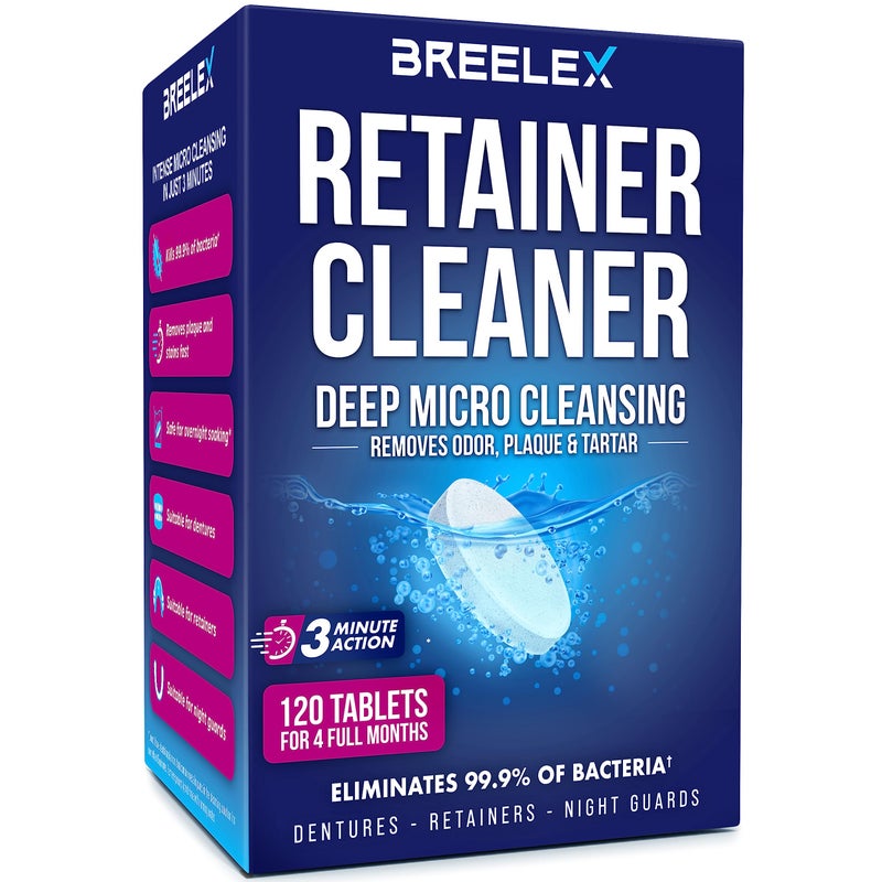 Breelex Denture Cleaning Tablets - 120 Retainer Cleaner Tablets for Aligner, Mouth & Night Guard - FSA HSA Approved Products - Dental Cleanser for Nightguard - Fresh in 3 Minute - Denture Cleaner - Image 1