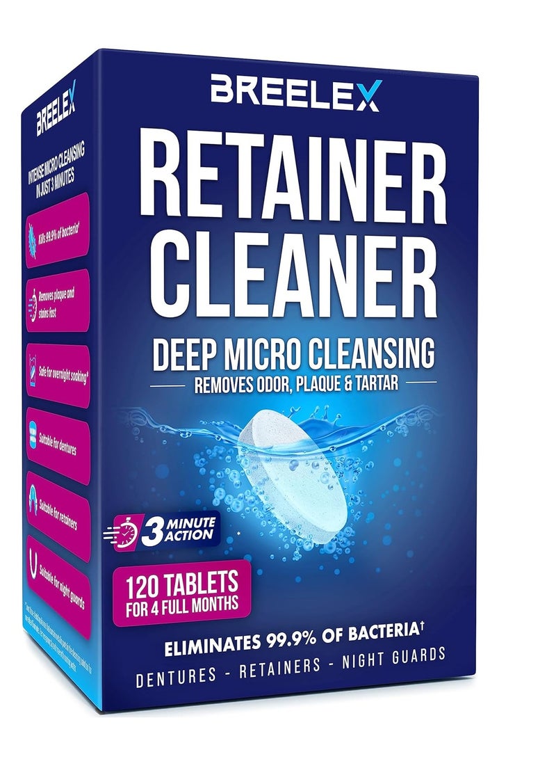 Breelex Denture Cleaning Tablets - 120 Retainer Cleaner Tablets for Aligner, Mouth & Night Guard - FSA HSA Approved Products - Dental Cleanser for Nightguard - Fresh in 3 Minute - Denture Cleaner  - Image 1