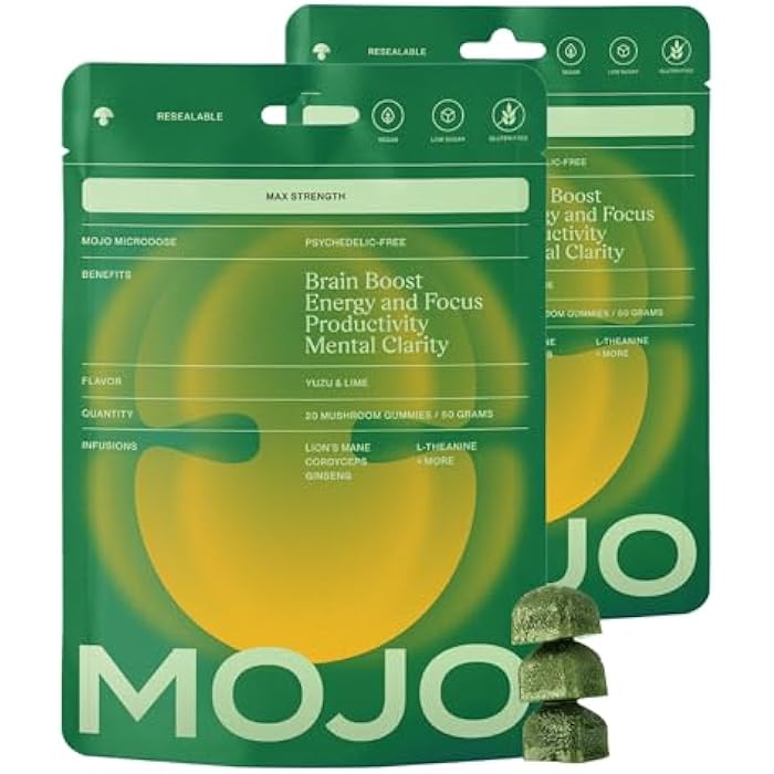 Mojo Focus Gummies Extra Strength with Lion’s Mane, Cordyceps, Ginseng & L-Theanine - Mushroom Gummies Brain Supplement for Adults, Memory/Energy Support, Focus Fuel, Yuzu Lime (2 Pack) - Image 1