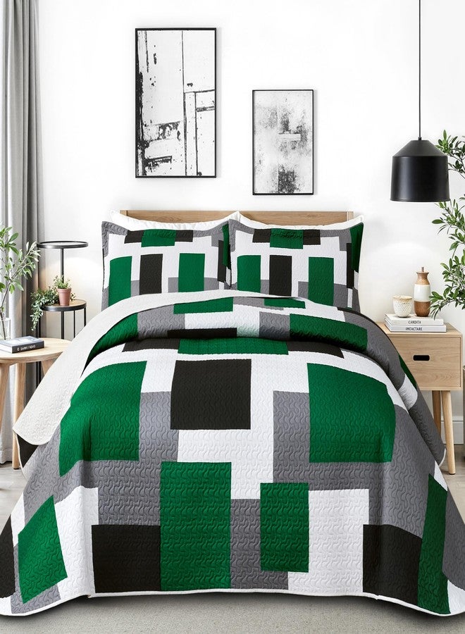 Tyrot 3 Piece Green Quilt Set King Size Black Grey White Geometric Reversible Bedding Set Microfiber Lightweight Bedspread Coverlet with 2 Shams Modern Bed Cover for All Season, 106''x96'' - Image 1