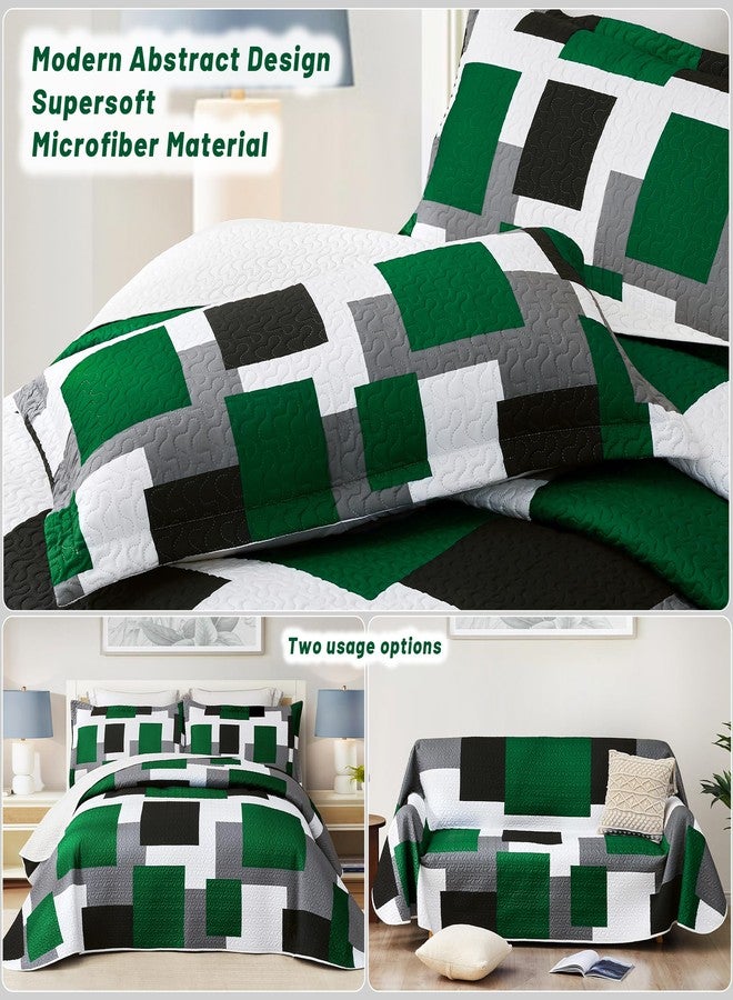 Tyrot 3 Piece Green Quilt Set King Size Black Grey White Geometric Reversible Bedding Set Microfiber Lightweight Bedspread Coverlet with 2 Shams Modern Bed Cover for All Season, 106''x96'' - Image 3