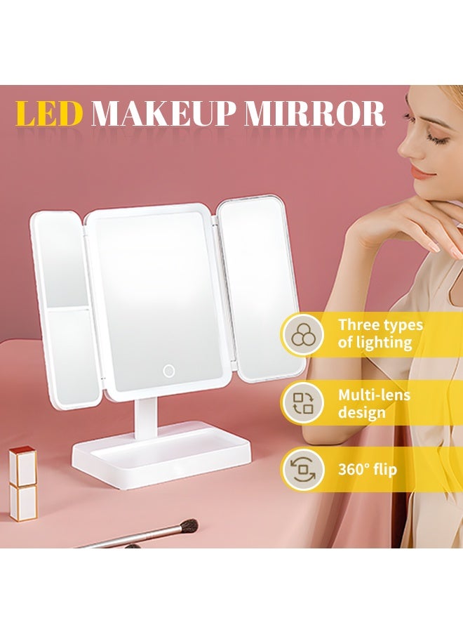 LED Makeup Mirror with Lights – 3-Panel Tri-Fold Vanity Mirror, 360° Rotation, 3 Light Modes, Touch Control, Portable Beauty Mirror for Dressing Table - Image 1