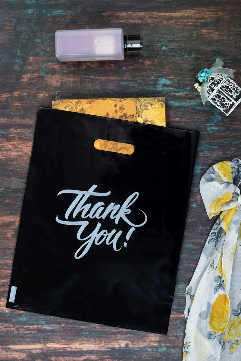Infinite Pack Black 9x12" Reusable Plastic Bags (100pcs) - Thank You Merchandise, Goodie & Gift Bags Bulk, Die Cut Handles, Favors - Image 5