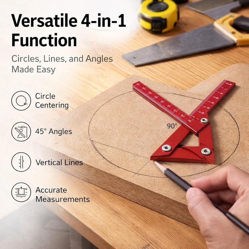 Center Gauge Aluminum Alloy Line Ruler 105mm Red, 45° and 90° Measuring Scribing Tool - Durable Material, Precision Markings, Ideal for Woodworking Measurement - Image 3
