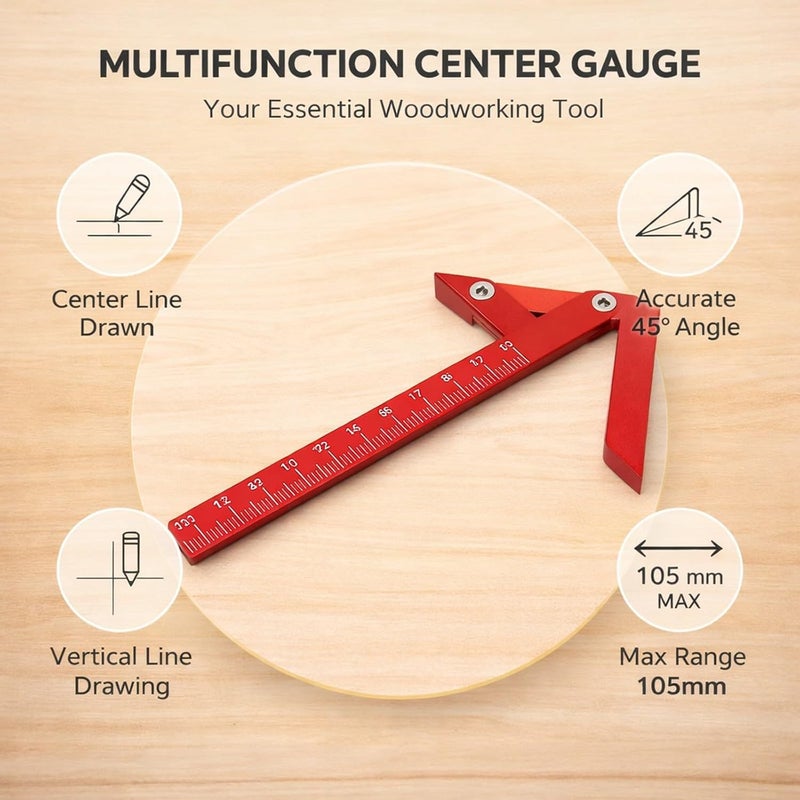 Center Gauge Aluminum Alloy Line Ruler 105mm Red, 45° and 90° Measuring Scribing Tool - Durable Material, Precision Markings, Ideal for Woodworking Measurement - Image 4