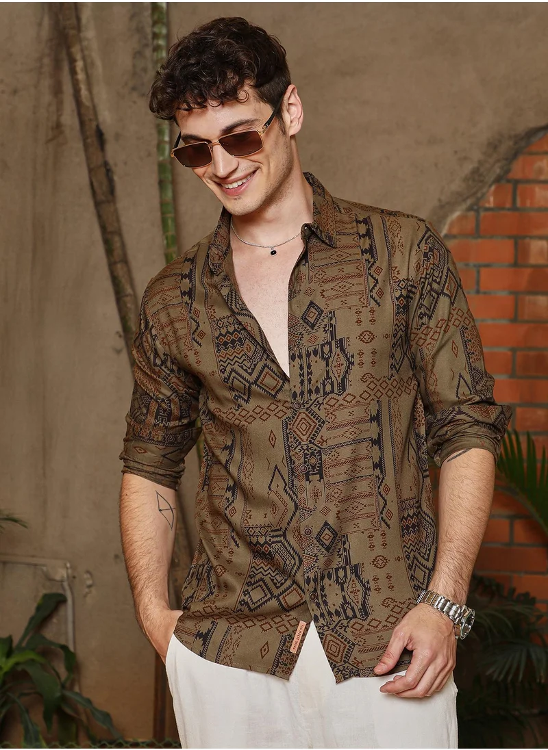 Campus Sutra Men's Peanut Brown Aztec-Imprint Shirt