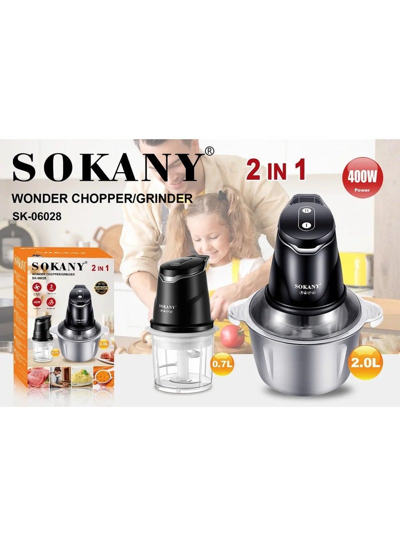 sokany Sokany 400W 2 in 1 Meat and Vegetable Chopper with 2 Jars: 2L stainless steel jar and 0.7L acrylic jar. Stainless steel blades - 06028-S - 1 year warranty 