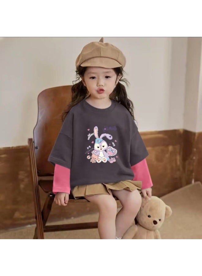Girl's Long Sleeve T-shirt Spring/autumn New Style Children's Fake Two-piece T-shirt Big Kids Versatile Korean Style Outerwear Base Layer Shirt