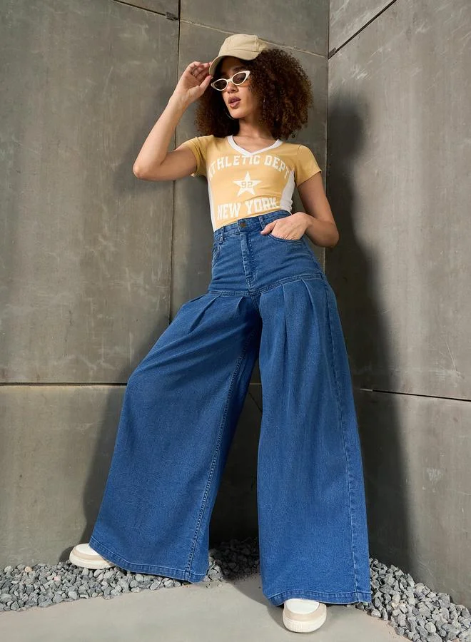SASSAFRAS Sassafras Blue Washed Pleated Flared Jeans