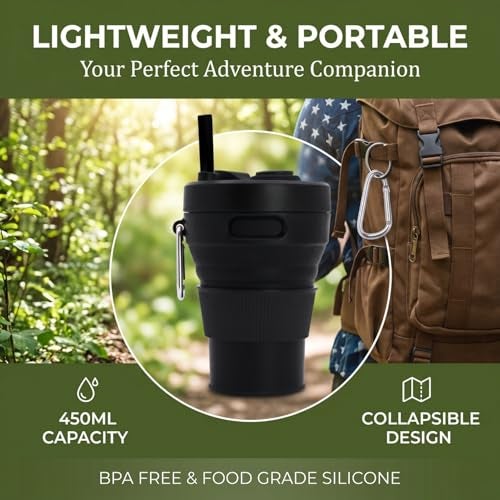 UNNESTAR Silicone Coffee Mug Collapsible Cups for Camping Folding Travel with Straw Reusable Portable Drinking Cups Outdoor Hiking 450ml Black450ml 1 - Image 3
